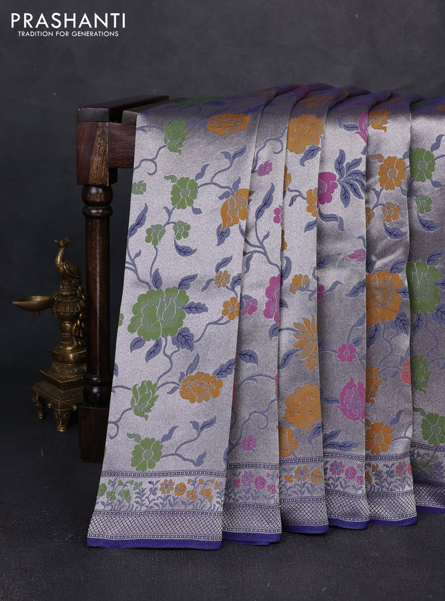 Banarasi raw silk saree navy blue with allover silver zari woven paithani weaves and paithani style border