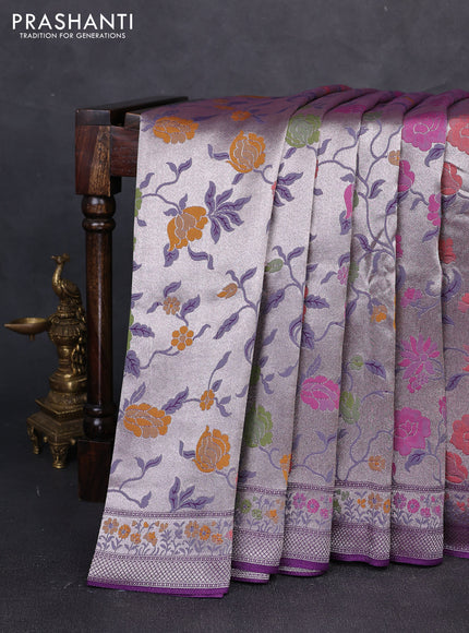 Banarasi raw silk saree purple with allover silver zari woven paithani weaves and paithani style border