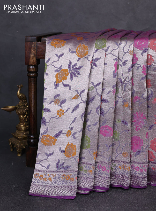 Banarasi raw silk saree purple with allover silver zari woven paithani weaves and paithani style border