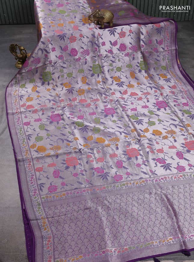 Banarasi raw silk saree purple with allover silver zari woven paithani weaves and paithani style border