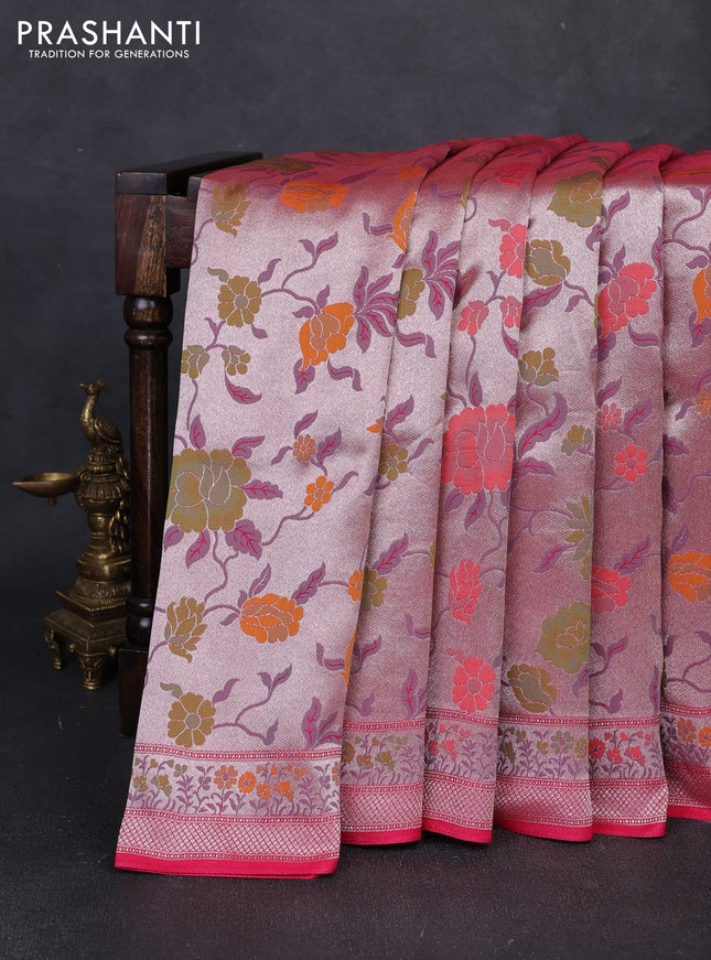 Banarasi raw silk saree pink with allover silver zari woven paithani weaves and paithani style border