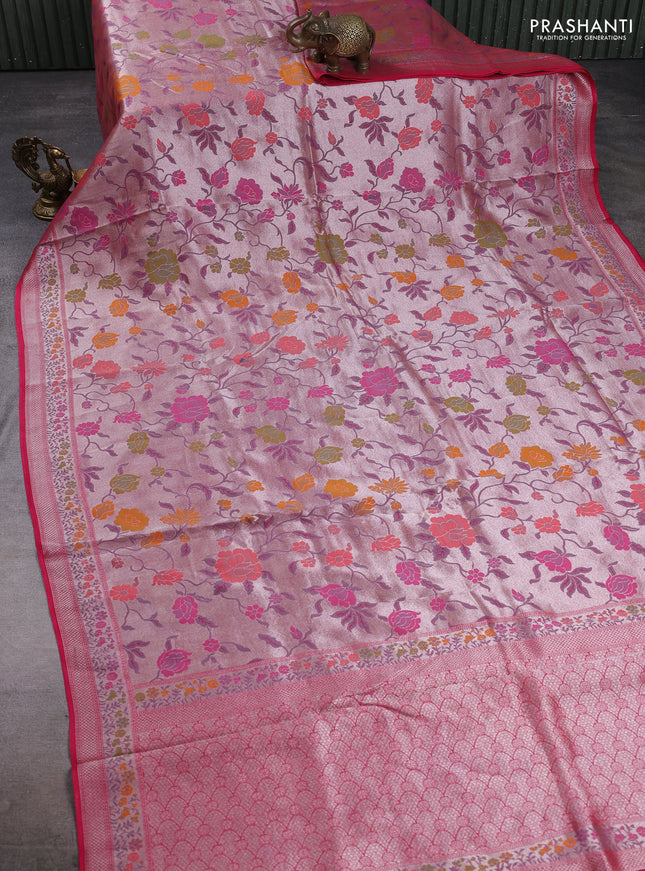 Banarasi raw silk saree pink with allover silver zari woven paithani weaves and paithani style border