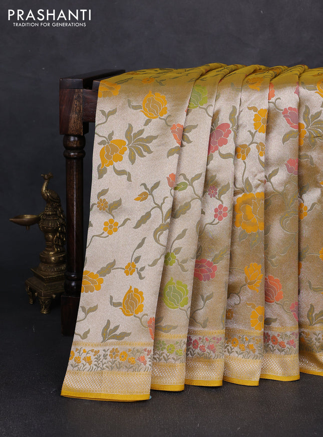 Banarasi raw silk saree mustard yellow with allover silver zari woven paithani weaves and paithani style border