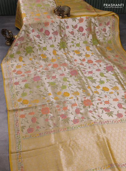 Banarasi raw silk saree mustard yellow with allover silver zari woven paithani weaves and paithani style border