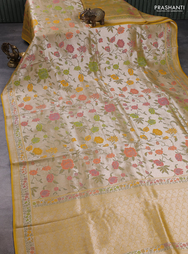Banarasi raw silk saree mustard yellow with allover silver zari woven paithani weaves and paithani style border