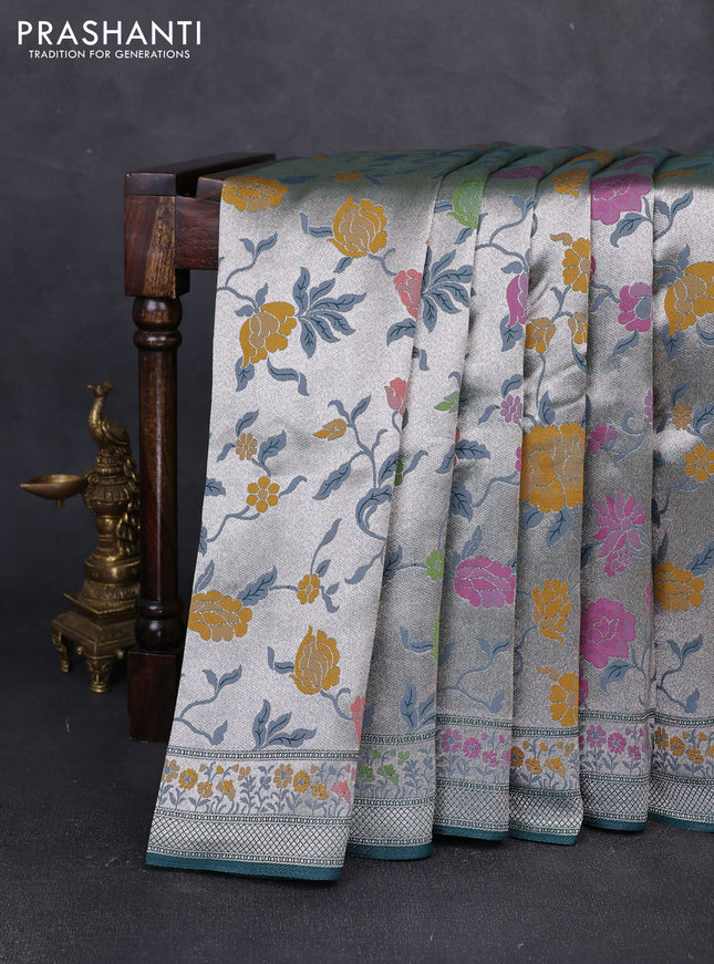 Banarasi raw silk saree peacock green with allover silver zari woven paithani weaves and paithani style border