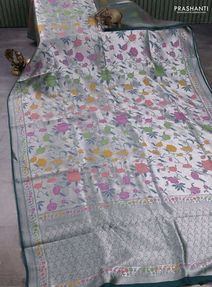 Banarasi raw silk saree peacock green with allover silver zari woven paithani weaves and paithani style border