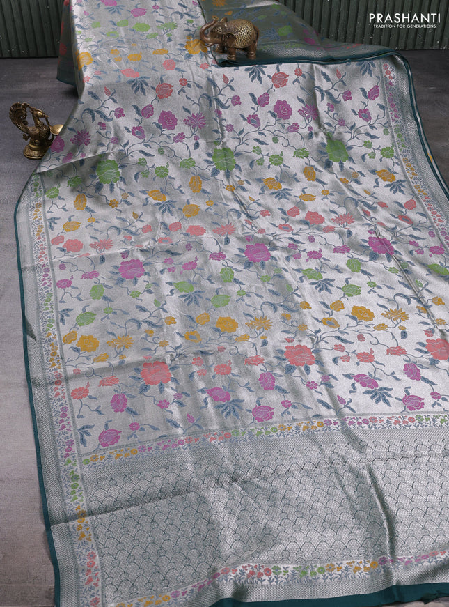 Banarasi raw silk saree peacock green with allover silver zari woven paithani weaves and paithani style border