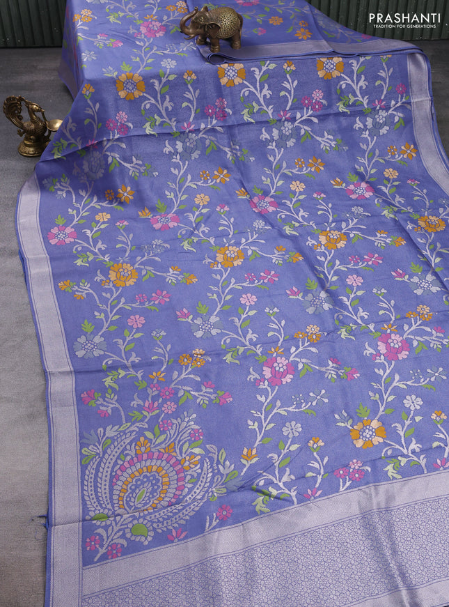 Banarasi raw silk saree blue shade with allover silver zari woven paithani weaves and zari woven border