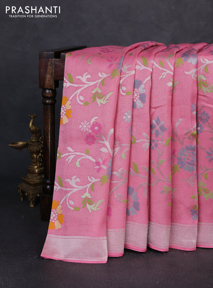 Banarasi raw silk saree light pink with allover silver zari woven paithani weaves and zari woven border