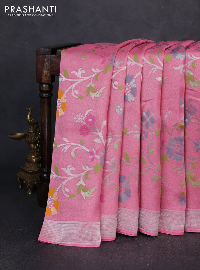 Banarasi raw silk saree light pink with allover silver zari woven paithani weaves and zari woven border