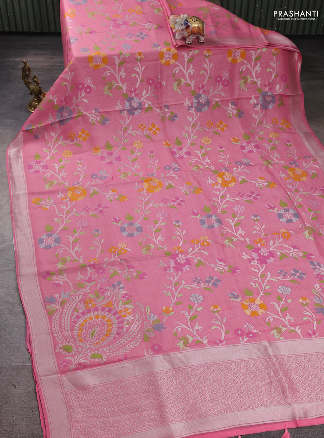 Banarasi raw silk saree light pink with allover silver zari woven paithani weaves and zari woven border