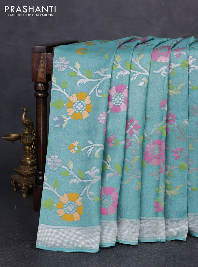 Banarasi raw silk saree teal green with allover silver zari woven paithani weaves and zari woven border