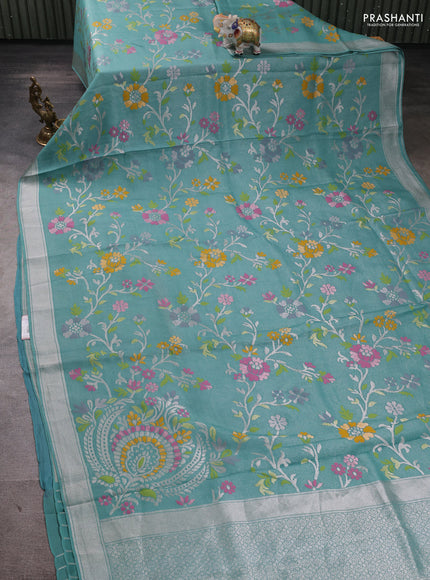 Banarasi raw silk saree teal green with allover silver zari woven paithani weaves and zari woven border