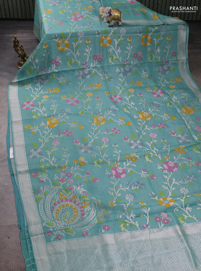 Banarasi raw silk saree teal green with allover silver zari woven paithani weaves and zari woven border