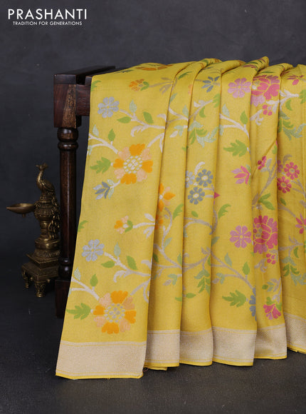 Banarasi raw silk saree yellow with allover silver zari woven paithani weaves and zari woven border