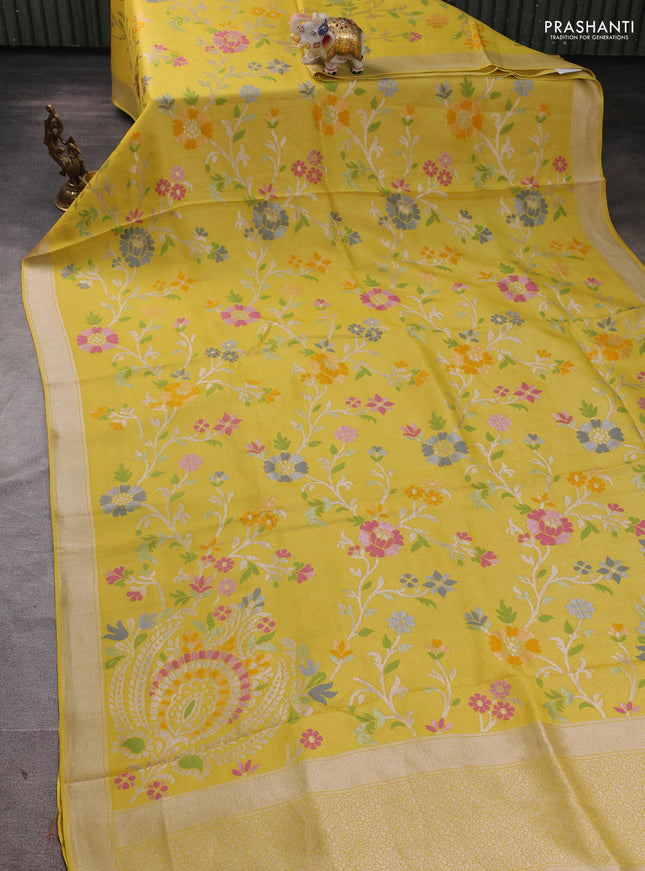 Banarasi raw silk saree yellow with allover silver zari woven paithani weaves and zari woven border