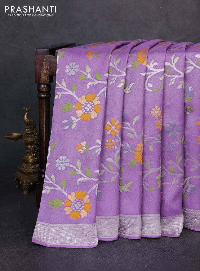 Banarasi raw silk saree lavender with allover silver zari woven paithani weaves and zari woven border