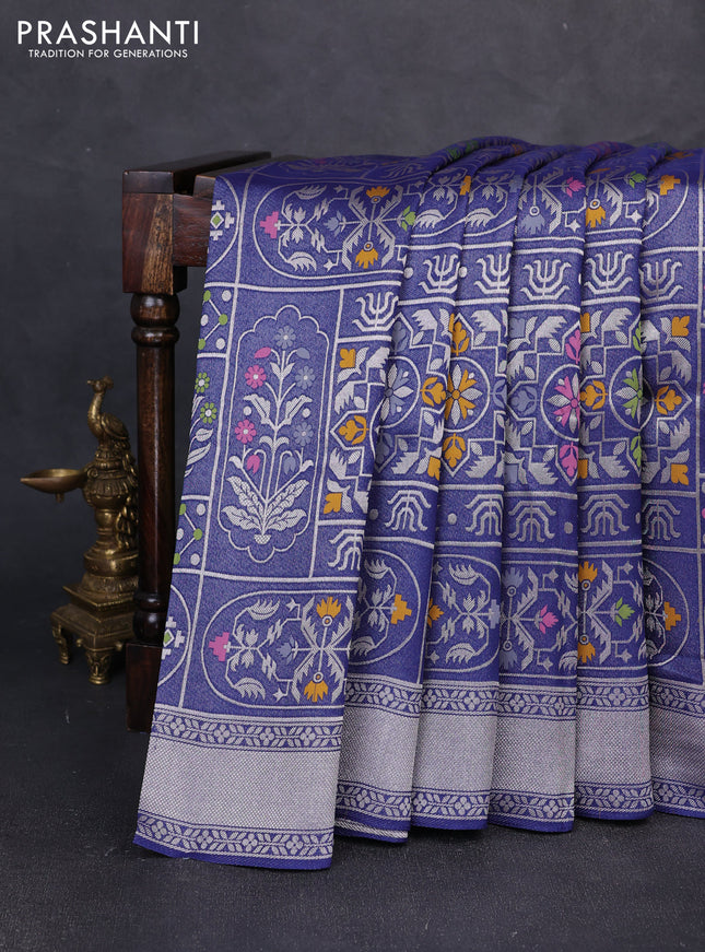 Banarasi raw silk saree navy blue with allover silver zari woven paithani weaves and zari woven border