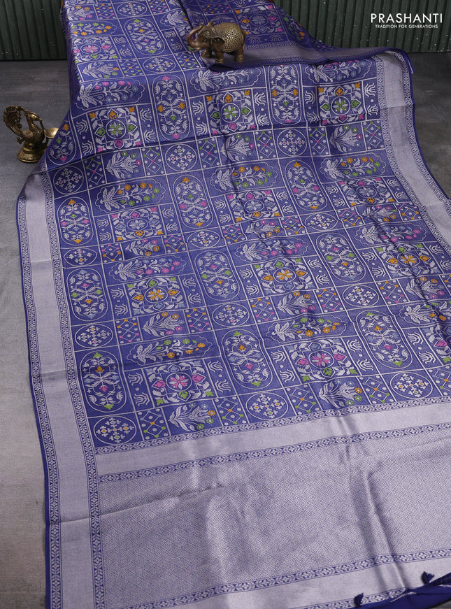 Banarasi raw silk saree navy blue with allover silver zari woven paithani weaves and zari woven border