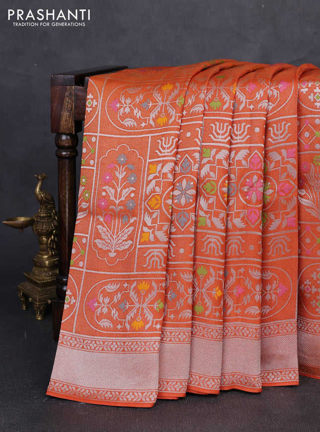 Banarasi raw silk saree orange with allover silver zari woven paithani weaves and zari woven border