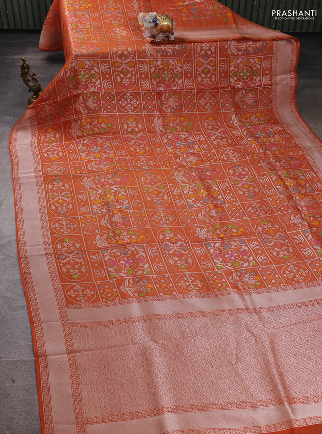 Banarasi raw silk saree orange with allover silver zari woven paithani weaves and zari woven border
