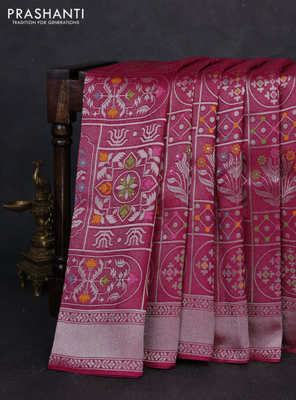 Banarasi raw silk saree megenta pink with allover silver zari woven paithani weaves and zari woven border
