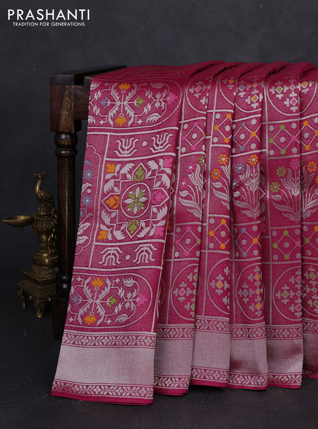 Banarasi raw silk saree megenta pink with allover silver zari woven paithani weaves and zari woven border