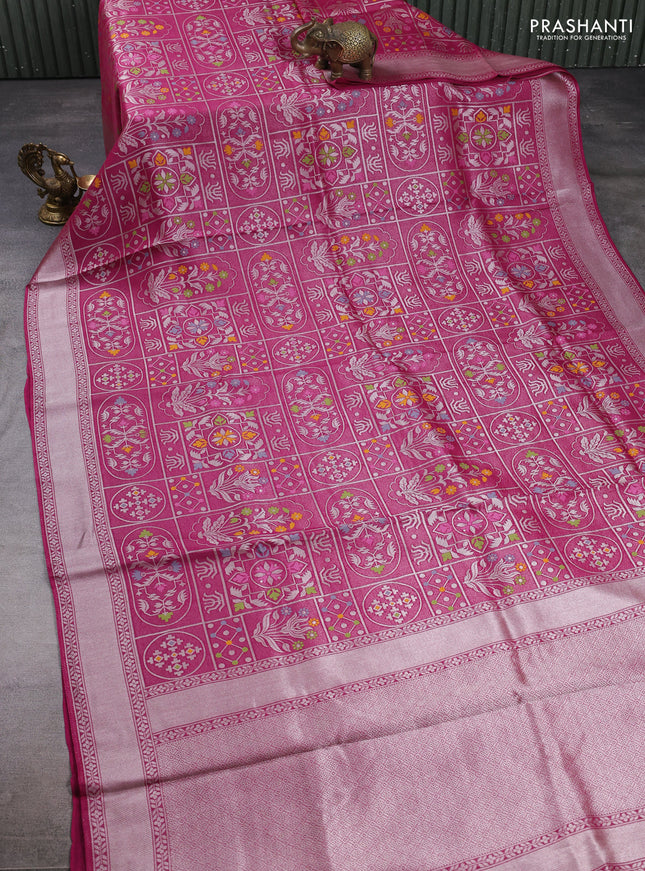 Banarasi raw silk saree megenta pink with allover silver zari woven paithani weaves and zari woven border