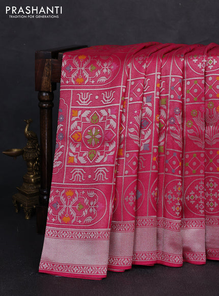 Banarasi raw silk saree pink with allover silver zari woven paithani weaves and zari woven border