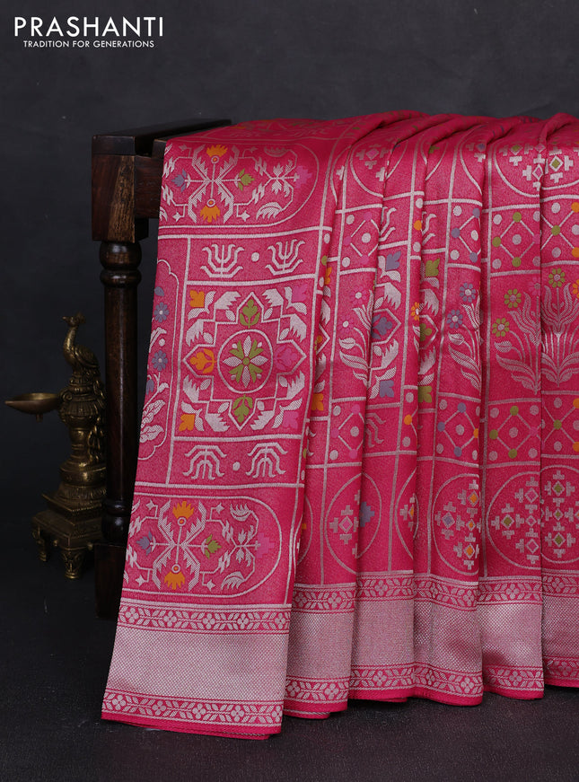 Banarasi raw silk saree pink with allover silver zari woven paithani weaves and zari woven border