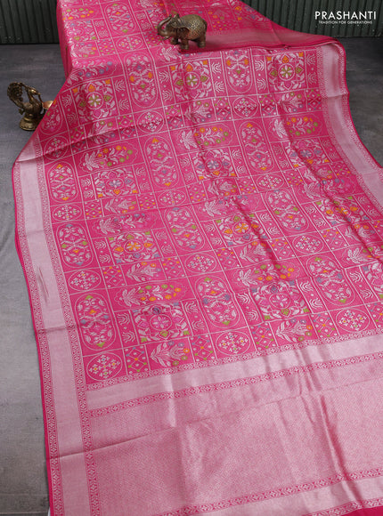 Banarasi raw silk saree pink with allover silver zari woven paithani weaves and zari woven border