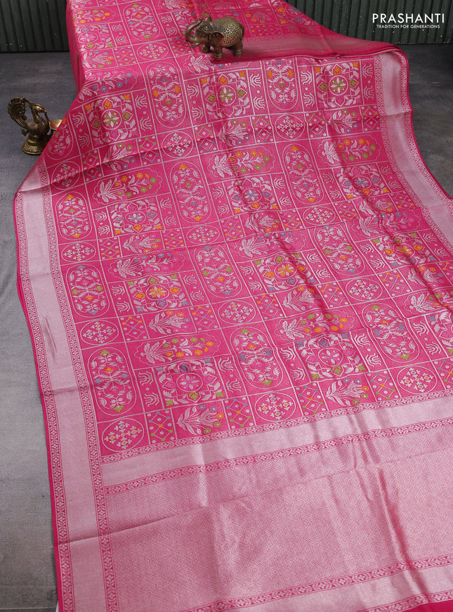 Banarasi raw silk saree pink with allover silver zari woven paithani weaves and zari woven border