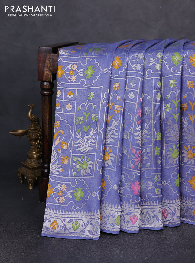 Banarasi raw silk saree blue shade with allover silver zari woven paithani weaves and paithani style border