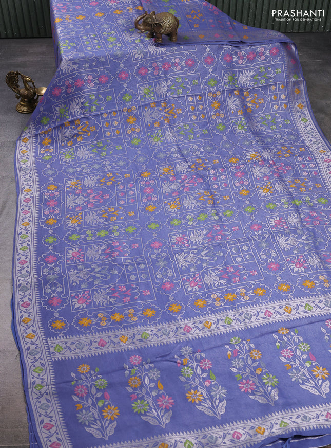 Banarasi raw silk saree blue shade with allover silver zari woven paithani weaves and paithani style border