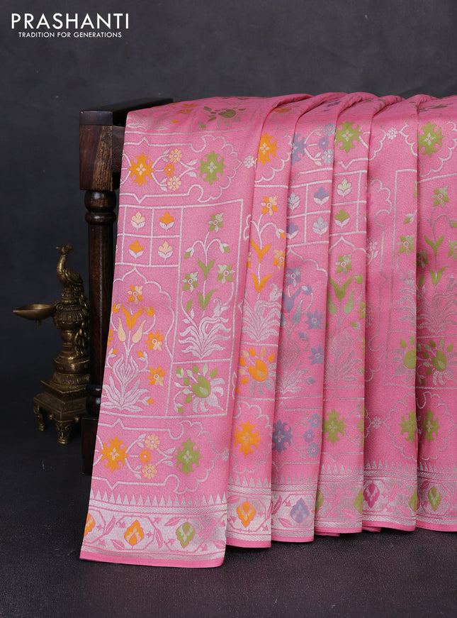 Banarasi raw silk saree light pink with allover silver zari woven paithani weaves and paithani style border
