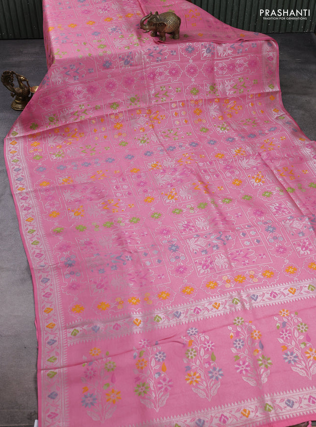 Banarasi raw silk saree light pink with allover silver zari woven paithani weaves and paithani style border