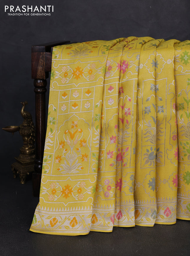 Banarasi raw silk saree yellow with allover silver zari woven paithani weaves and paithani style border