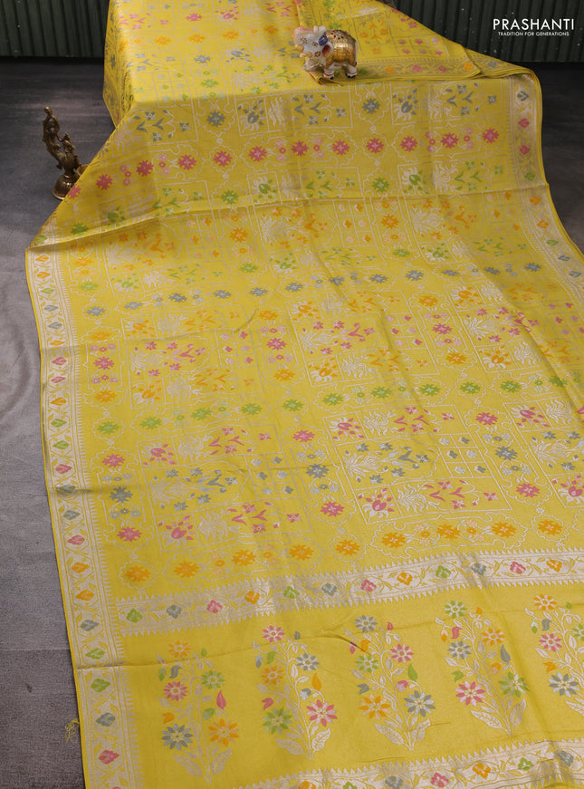 Banarasi raw silk saree yellow with allover silver zari woven paithani weaves and paithani style border