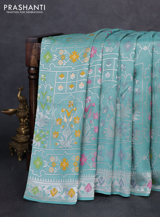 Banarasi raw silk saree teal green with allover silver zari woven paithani weaves and paithani style border
