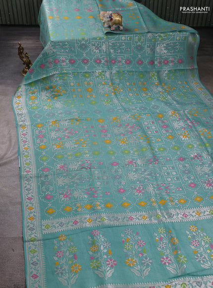 Banarasi raw silk saree teal green with allover silver zari woven paithani weaves and paithani style border