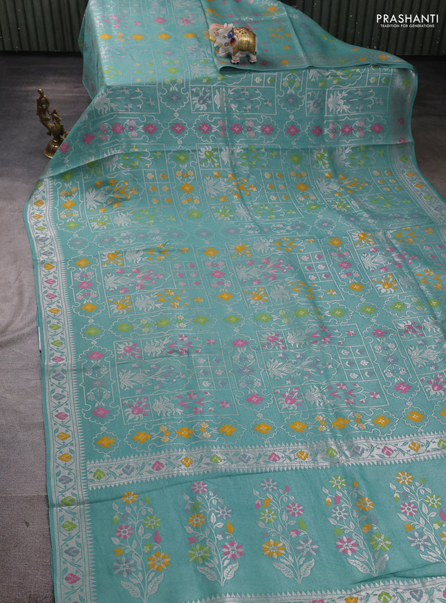Banarasi raw silk saree teal green with allover silver zari woven paithani weaves and paithani style border