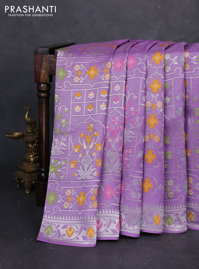 Banarasi raw silk saree lavender with allover silver zari woven paithani weaves and paithani style border