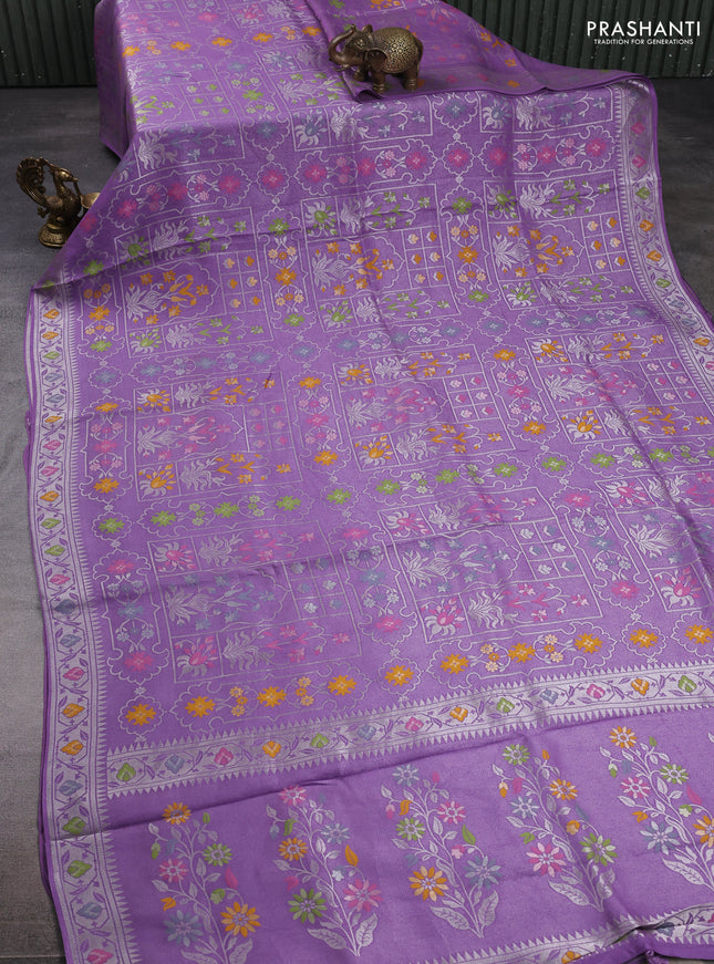 Banarasi raw silk saree lavender with allover silver zari woven paithani weaves and paithani style border
