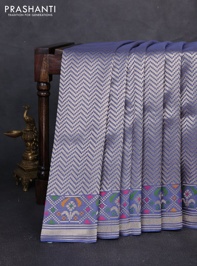 Banarasi raw silk saree blue with allover silver zari woven brocade weaves and paithani style border