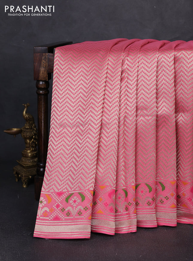 Banarasi raw silk saree light pink with allover silver zari woven brocade weaves and paithani style border