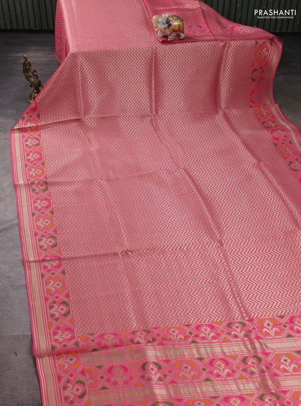 Banarasi raw silk saree light pink with allover silver zari woven brocade weaves and paithani style border