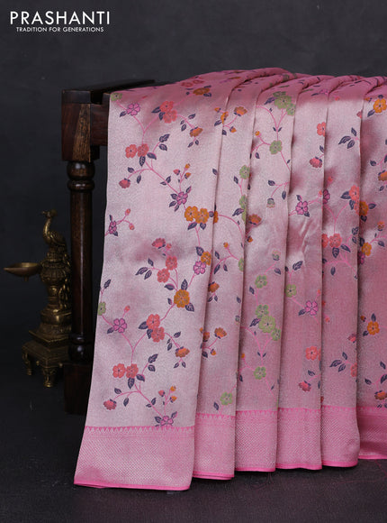 Banarasi raw silk saree light pink with allover silver zari woven paithani weaves and zari woven border