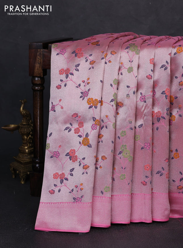 Banarasi raw silk saree light pink with allover silver zari woven paithani weaves and zari woven border