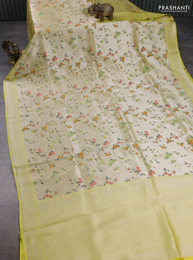 Banarasi raw silk saree lime green with allover silver zari woven paithani weaves and zari woven border